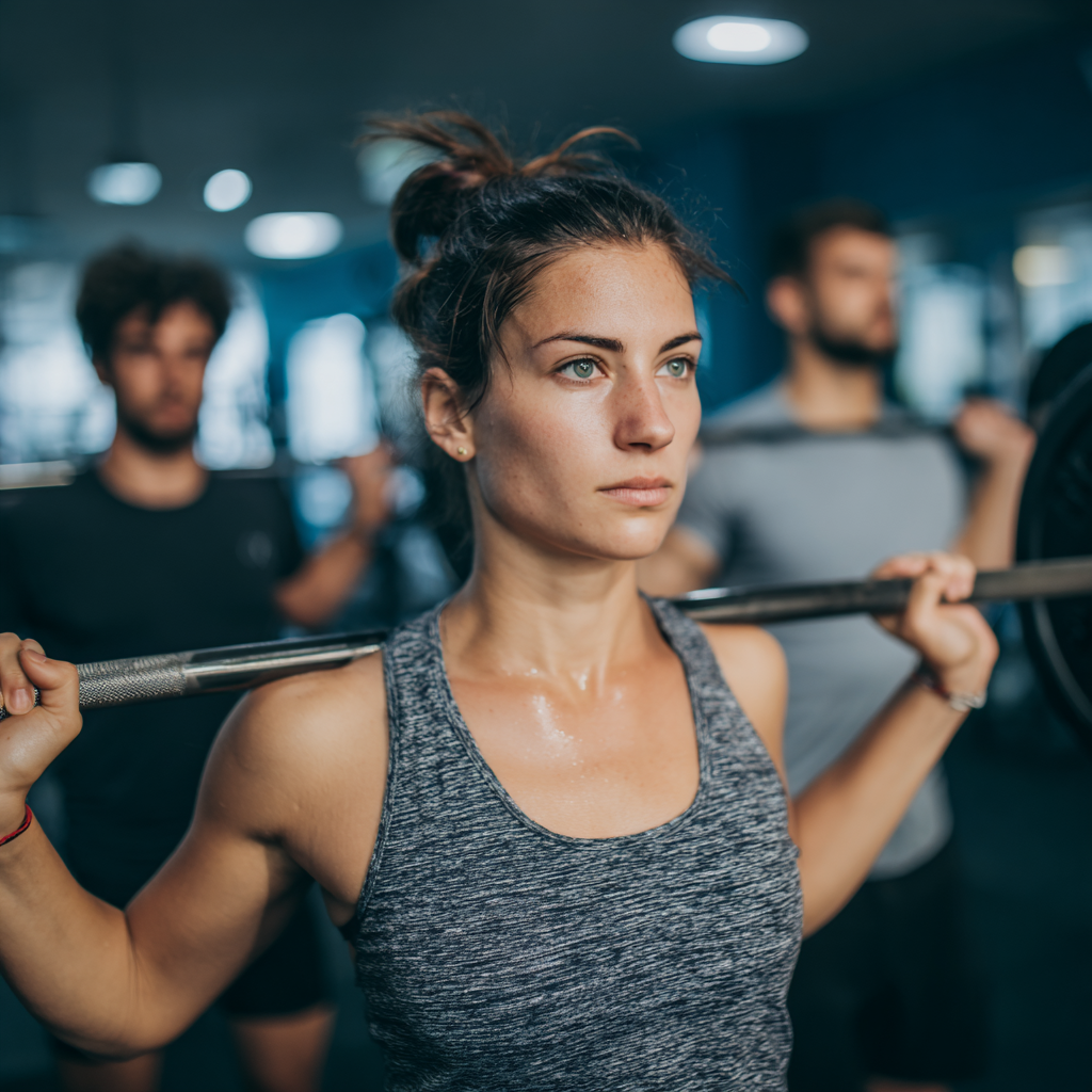 Romanian adults engaged in strength training with barbells in a modern gym setting, showing determination and focus